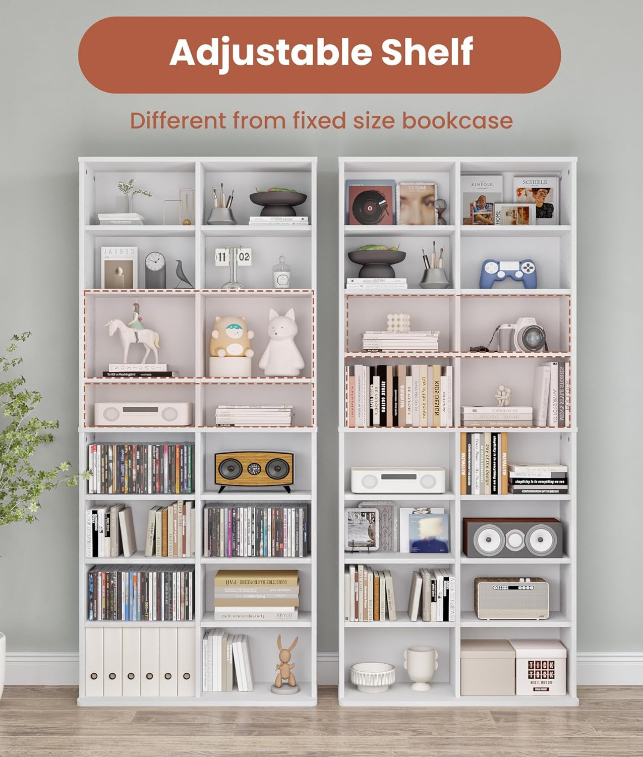 DVD Tower Storage Rack, 16-Shelf Media Storage Shelves with Adjustable Shelves 8-Tier DVD Stand Tower for Living Room Home Office