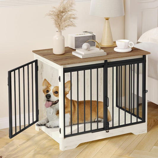 31.9" Dog Crate Furniture with Barn Door, Heavy Duty Dog Kennel Indoor with 2 Doors, Wooden Pet Cage End Table for Small Medium Dogs up to 44 Lb, Anti-Chew Anti-Escape, White Brown DFC83614B