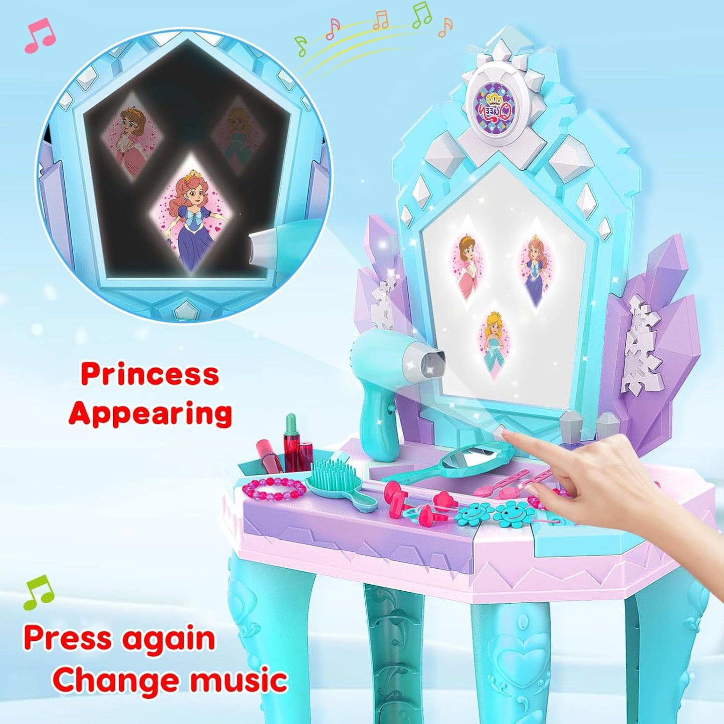 Toddler Vanity Magic Makeup Table and Chair Set Girl Toys Mirror with Music Light Frozen Toys for 1 2 3 4 Year Old Girls Hair Salon Pretend Play Princess Dress up Playset Gifts Kids Toddler 1-3