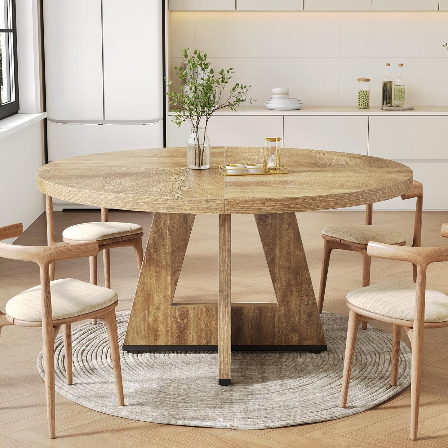 round Dining Table for 4-6 People, 47 Inches Dining Room Table with Wooden Pedestal Base, Circle Kitchen Tables for Dining Room, Kitchen, Living Room, Oak