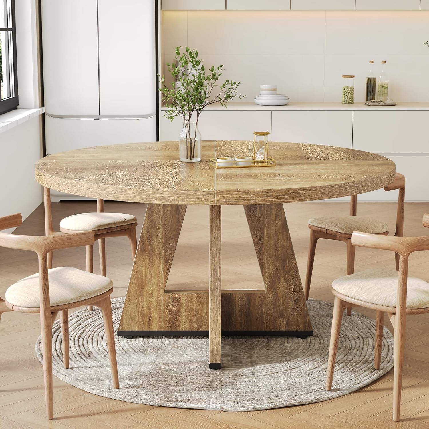 round Dining Table for 4-6 People, 47 Inches Dining Room Table with Wooden Pedestal Base, Circle Kitchen Tables for Dining Room, Kitchen, Living Room, Oak