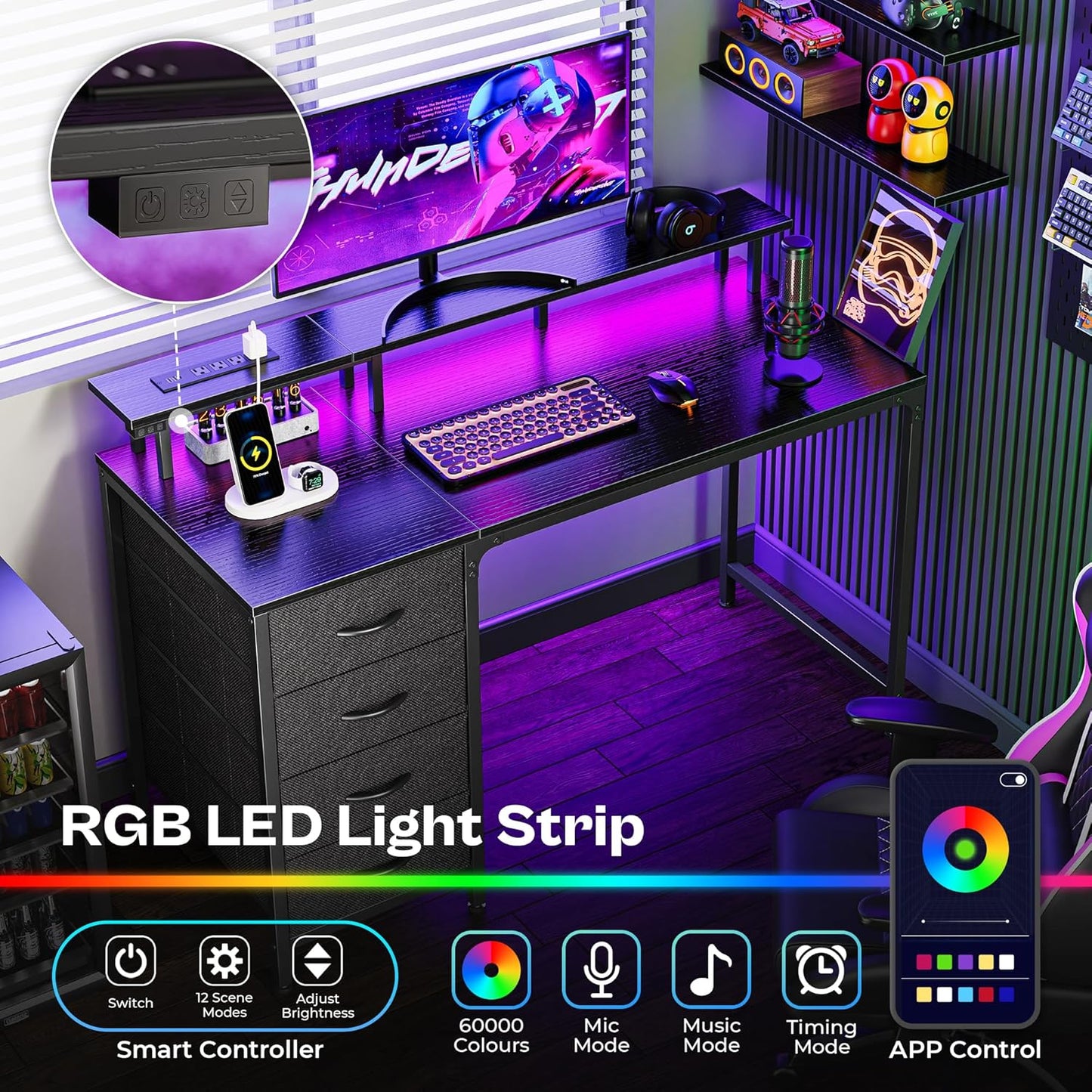 47 Inch Computer Desk with Power Outlets and LED Lights, Gaming Desk with 4 Drawers, Office Desk with Monitor Stand, Study Work Home Office, Small Spaces, Black