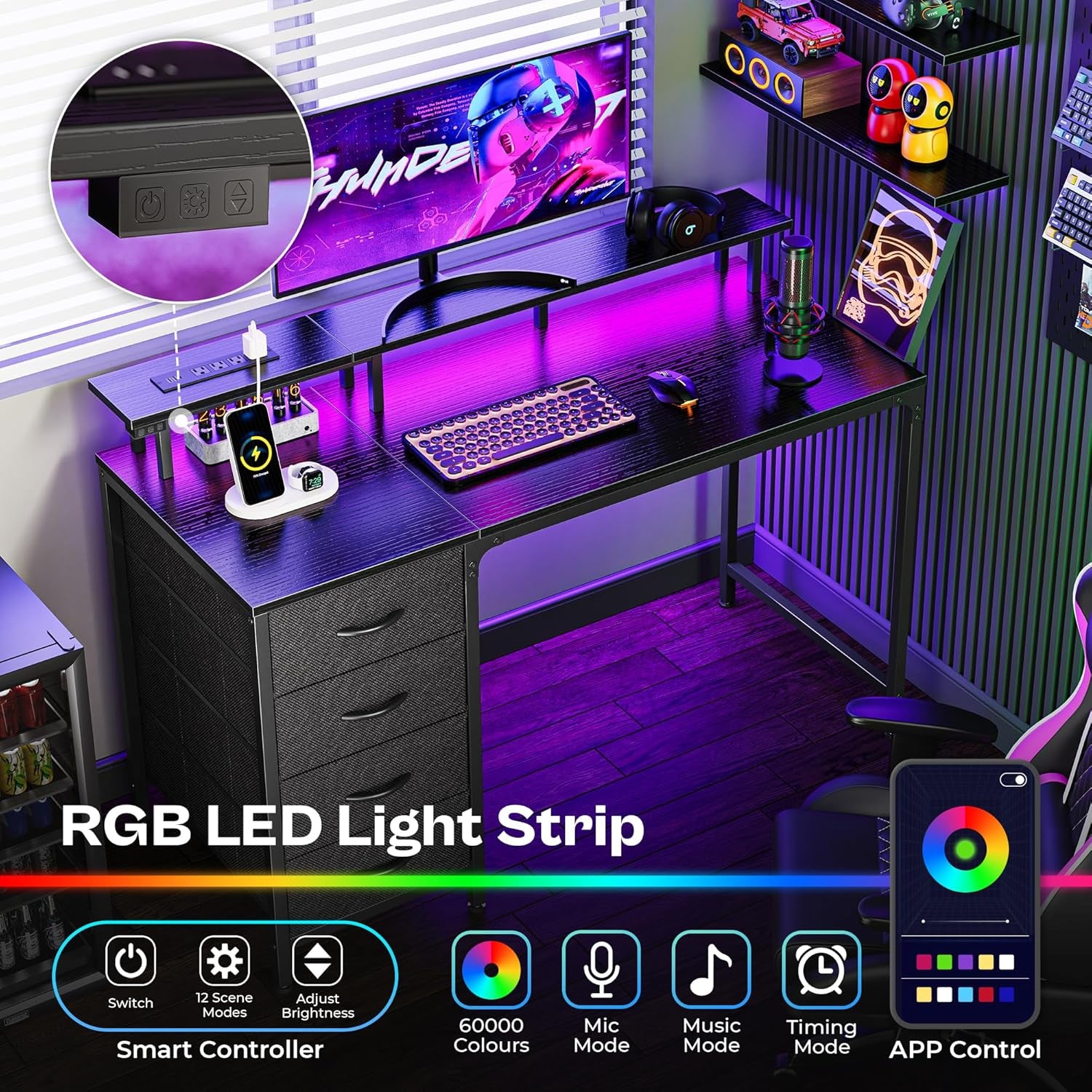 47 Inch Computer Desk with Power Outlets and LED Lights, Gaming Desk with 4 Drawers, Office Desk with Monitor Stand, Study Work Home Office, Small Spaces, Black