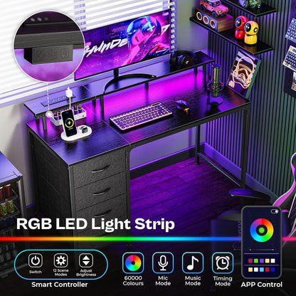 47 Inch Computer Desk with Power Outlets and LED Lights, Gaming Desk with 4 Drawers, Office Desk with Monitor Stand, Study Work Home Office, Small Spaces, Black