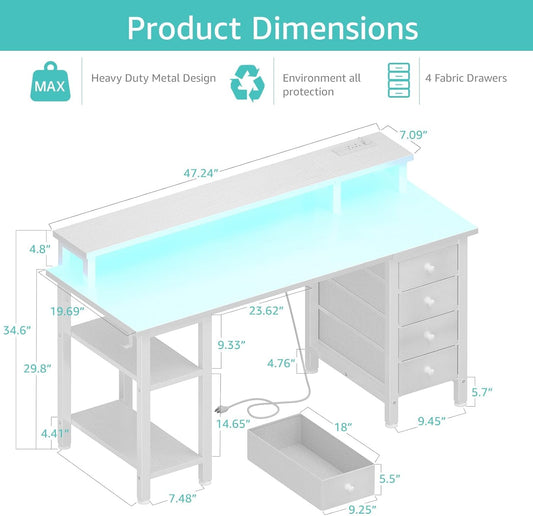 White Desk with Drawers Storage - 47 Inch Home Office Computer Gaming Desks with Monitor Stand LED Lights and Power Outlets, White