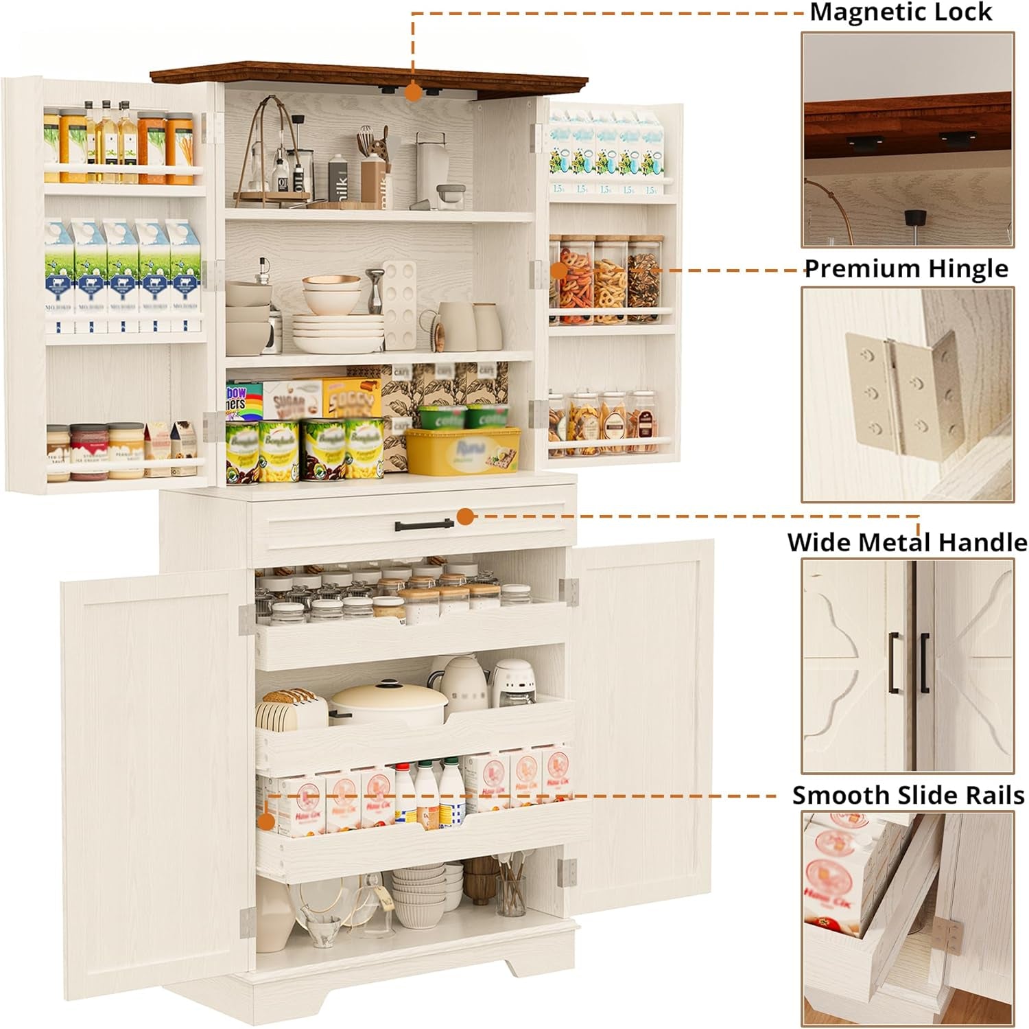 Farmhouse Kitchen Pantry Cabinet, 72" Height Tall Freestanding Cupboard with Sliding Storage Rack and 6 Hanging Shelves for Kitchen, Dining Room, White
