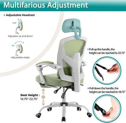 Office Desk Chair with Footrest Ergonomic Gaming Chair for Adults Computer Mesh, Lumbar Support,Swivel Reclining with Headrest, Comfy Armrest for Home, Office, Work, Study, Light Green