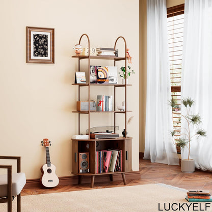 Tall Vinyl Record Player Stand, 4 Tier Arched Bookshelf with Sliding Doors, Retro Small Record Storage Cabinet, Fluted Media Display Shelf, Mid Century Modern Turntable Stand for Living Room, Walnut
