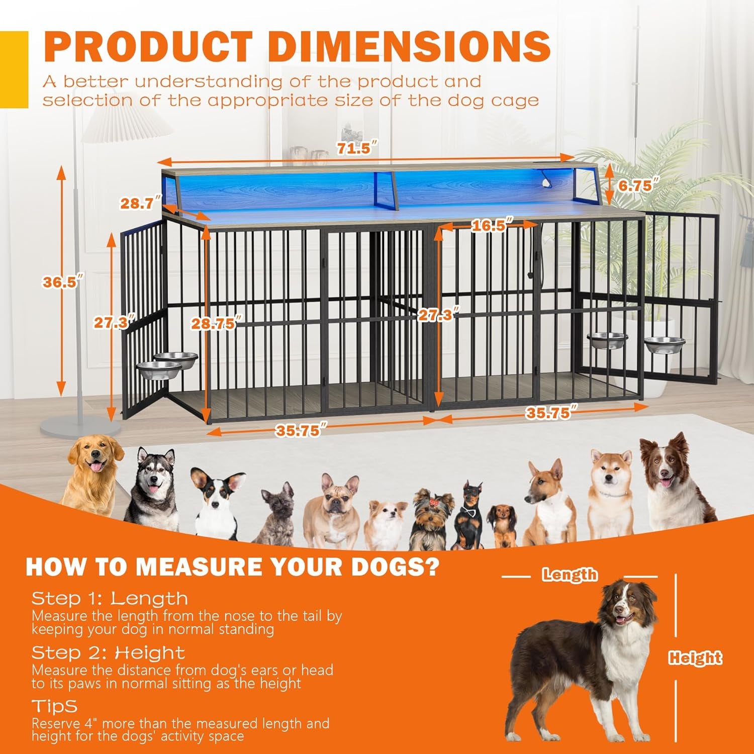 71" Dog Crate Furniture, Heavy Duty Large Dog Cage W/360° Rotating Feeder & LED Light & Power Outlets for 2 Dogs, XXL Double Dogs Kennel Furniture Indoor W/4 Lockable Doors & TV Stand Shelves