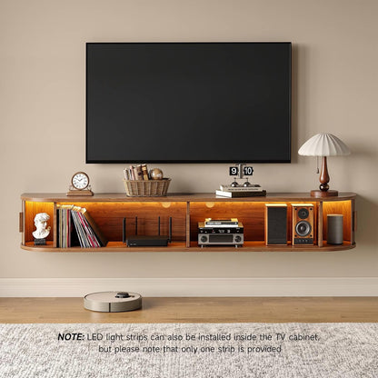 63" Floating TV Stand with Power Outlet for Tvs up to 75", Fluted Entertainment Center with Remote Control for LED Lights, Mid-Century Modern TV Console W/Sliding Door for Living Room, Bedroom Walnut