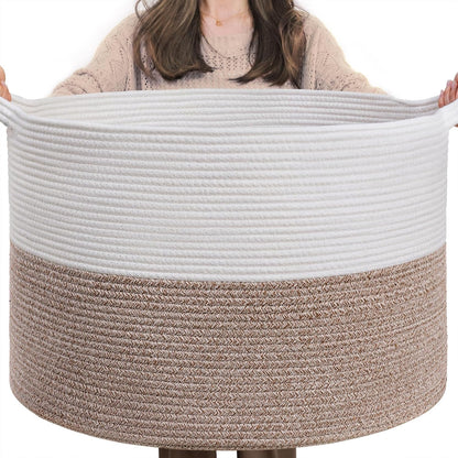 Xxxlarge Blanket Basket for Living Room 21.7" X 21.7" X 13.8"-Storage Basket with Handle for Organizing Toy Pillows Woven Cotton Rope Laundry Basket Stuffed Animal Toy Storage for Play Room