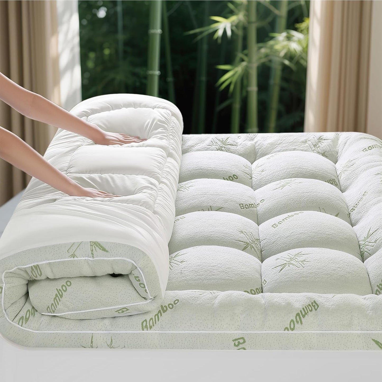 Mattress Topper Queen Size - 1200GSM 3D+7D down Alternative Fill, Viscose Made from Bamboo Cover, Extra Plush for Back Pain, 8"-18" Deep Pocket(Queen,60"X80")