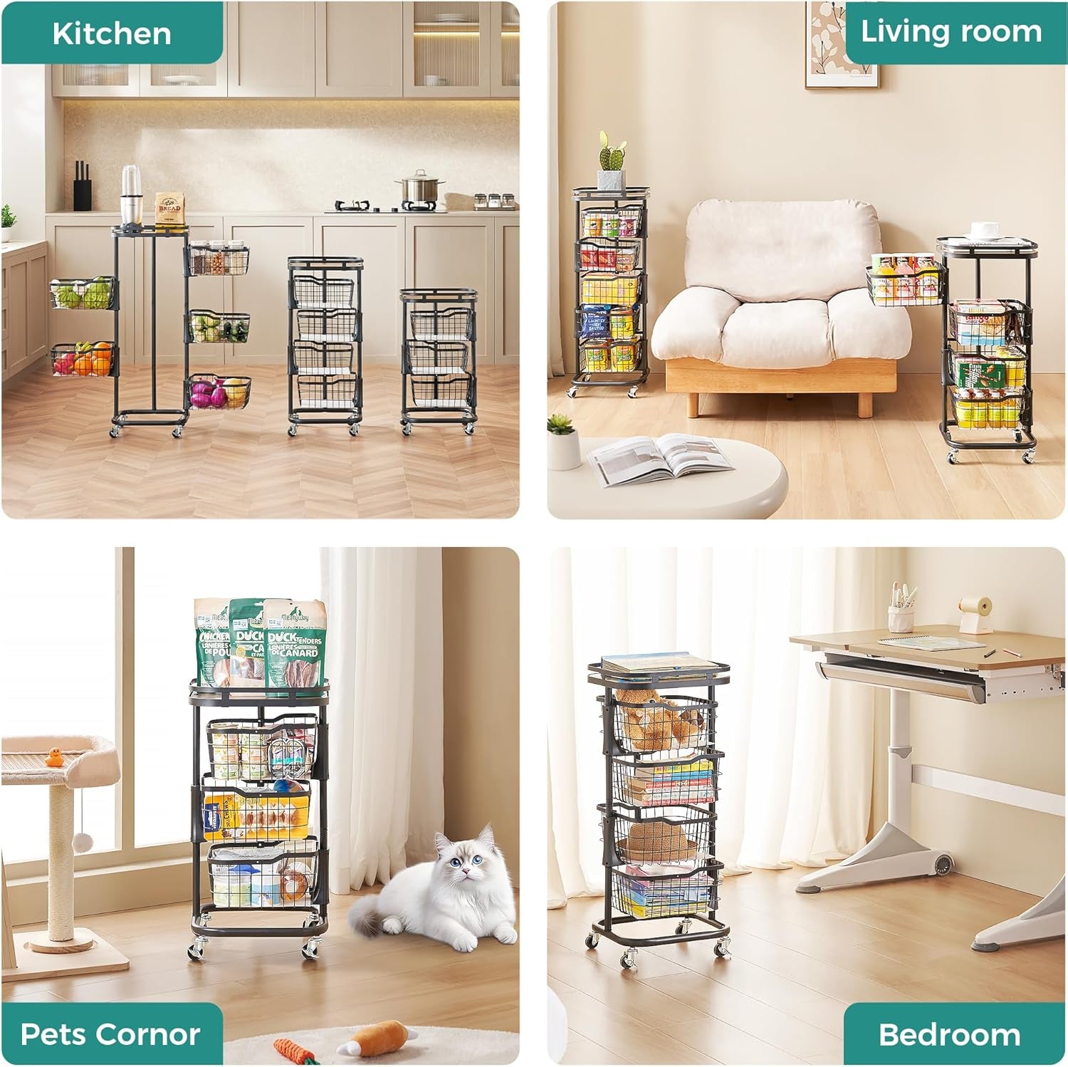 5 Tier Kitchen Fruit Vegetable Storage Cart with One-Piece Rotating Basket, Pantry Organizer Shelf Rack Floor Stand for Veggie Onion Potato Produce Spice, Rolling Snack Cart on Wheels, Black