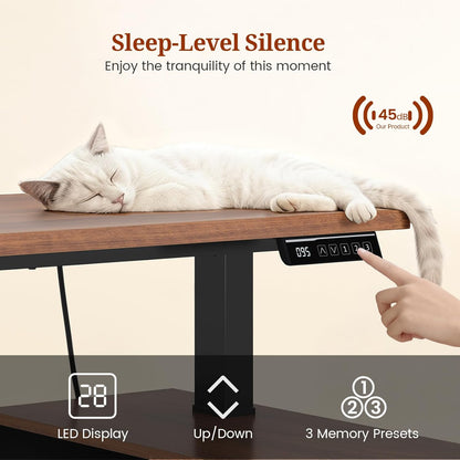L Shaped Standing Desk Adjustable Height, 53" Electric Office Desk with File Drawers & Storage Shelves, Sit Stand Corner Computer Desk with Power Outlets, Pegboard, 6 Hooks, Black & Walnut