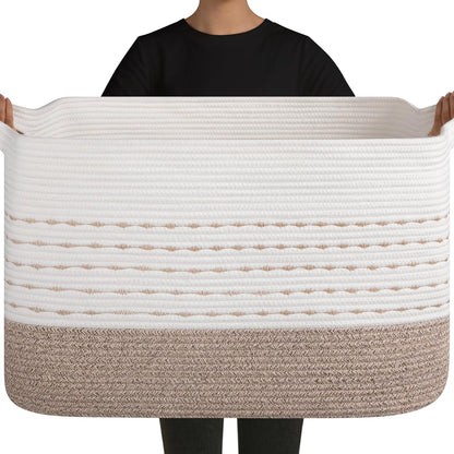 108L Extra Large Blanket Basket, 25”X16”X16” Rectangle Woven Cotton Rope Baskets for for Living Room, Toy Storage with Handle- Gradient Light Brown