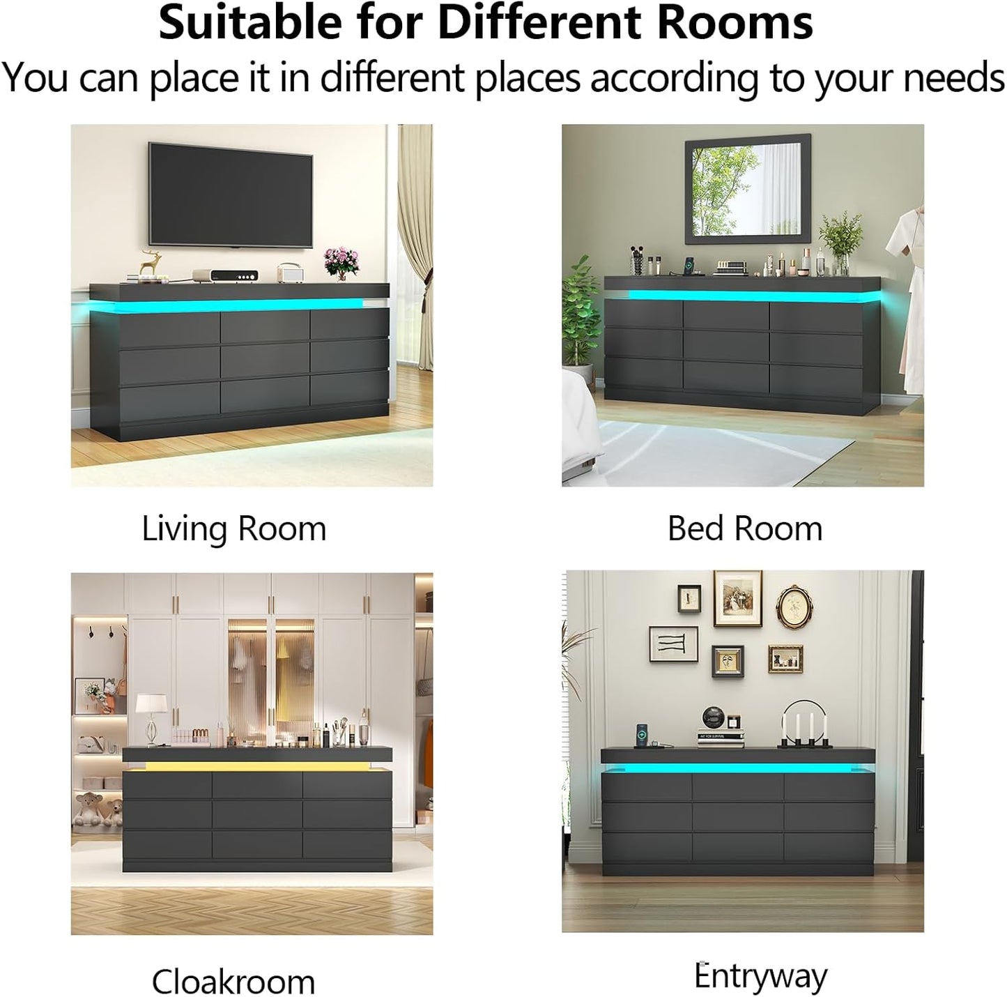 9 Drawer Dresser with Power Outlet, Dresser with LED Light, Modern Chest of Drawers for Closet, Double Wide Drawer Organizer Cabinet for Bedroom, Living Room (Black, 9 Drawers)