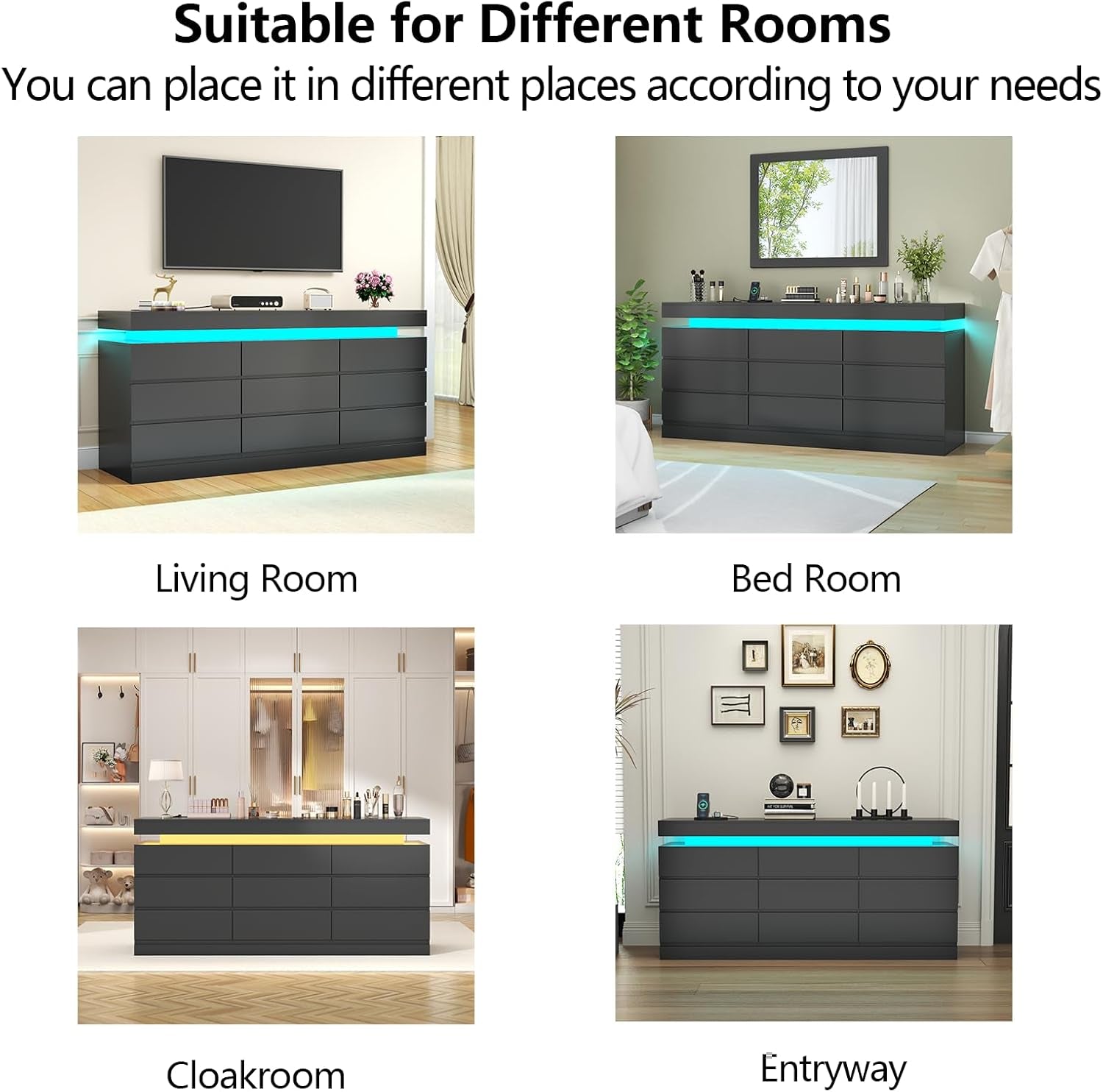 9 Drawer Dresser with Power Outlet, Dresser with LED Light, Modern Chest of Drawers for Closet, Double Wide Drawer Organizer Cabinet for Bedroom, Living Room (Black, 9 Drawers)