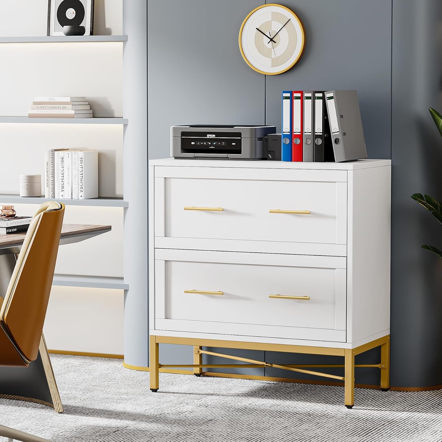 Modern White 2 Drawer File Cabinet, Lateral Filing Cabinet for Letter/Legal/A4 Size, Wood File Storage Cabinets Printer Stand with Storage for Home, Office, White and Gold