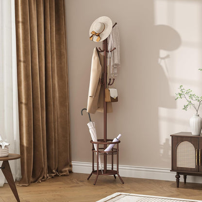 Coat Rack Freestanding, Metal Coat Rack Stand with Umbrella Holder, Modern Coat Tree with 12 Hooks, Floor Standing Corner Hall Tree for Entryway Living Room Bedroom Office, Brown
