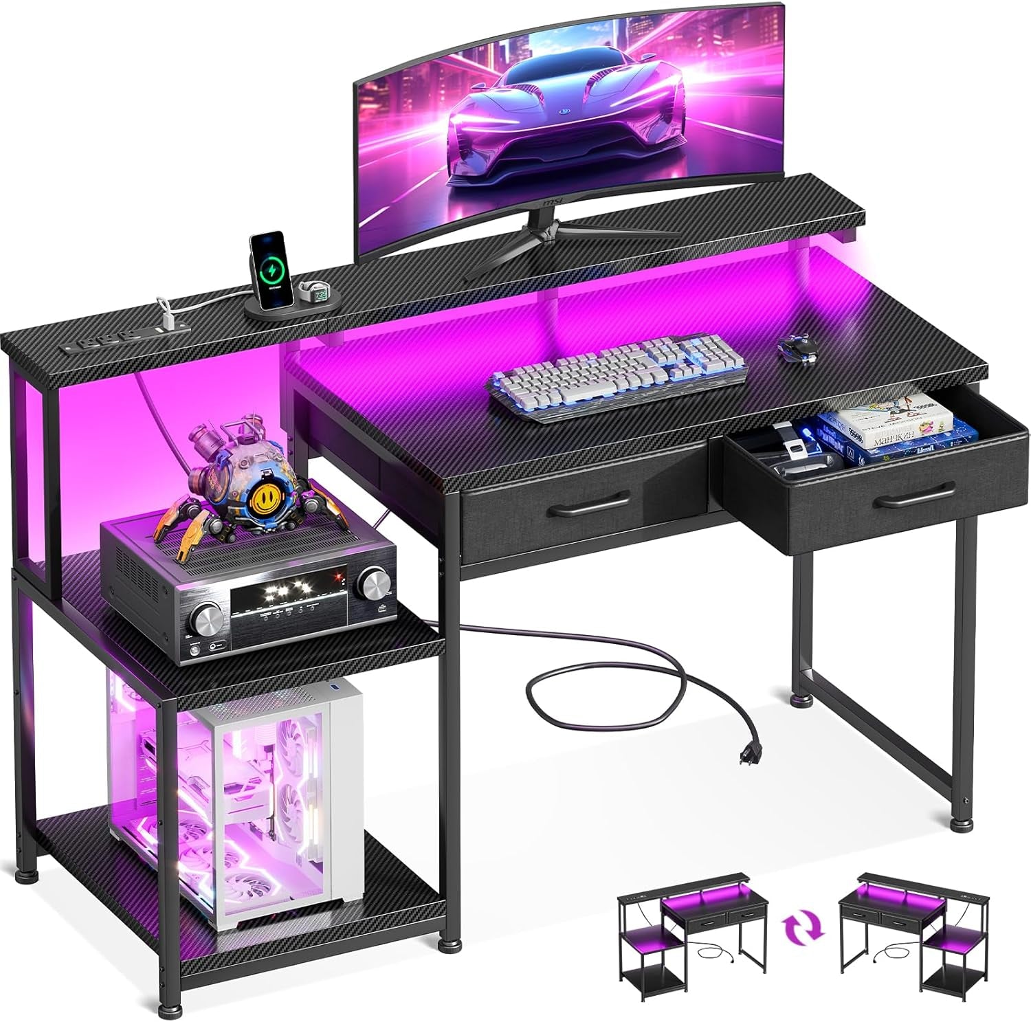 Gaming Desk with Led Lights & Power Outlet, 48 Inch Computer Desk with Drawers, Office Desk with Large Display Storage Shelves, Reversible Desk with Monitor Stand for Home, Carbon Fiber Black