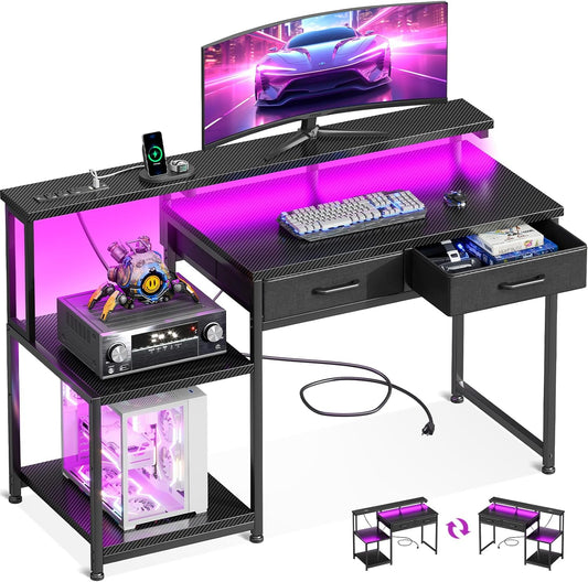 Gaming Desk with Led Lights & Power Outlet, 48 Inch Computer Desk with Drawers, Office Desk with Large Display Storage Shelves, Reversible Desk with Monitor Stand for Home, Carbon Fiber Black