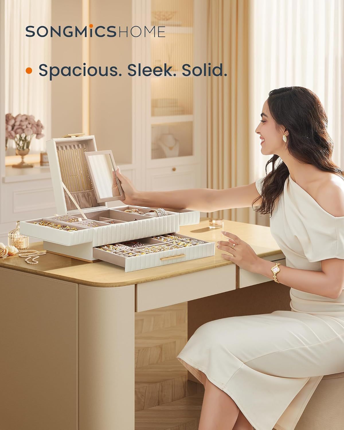 HOME Large Capacity Jewelry Box with Mirror, Jewelry Organizer with a Drawer, PU Surface with Stitching, 10.6 X 15 X 6.3 Inches, Cloud White, ANAH Collection ​UJBC184W01