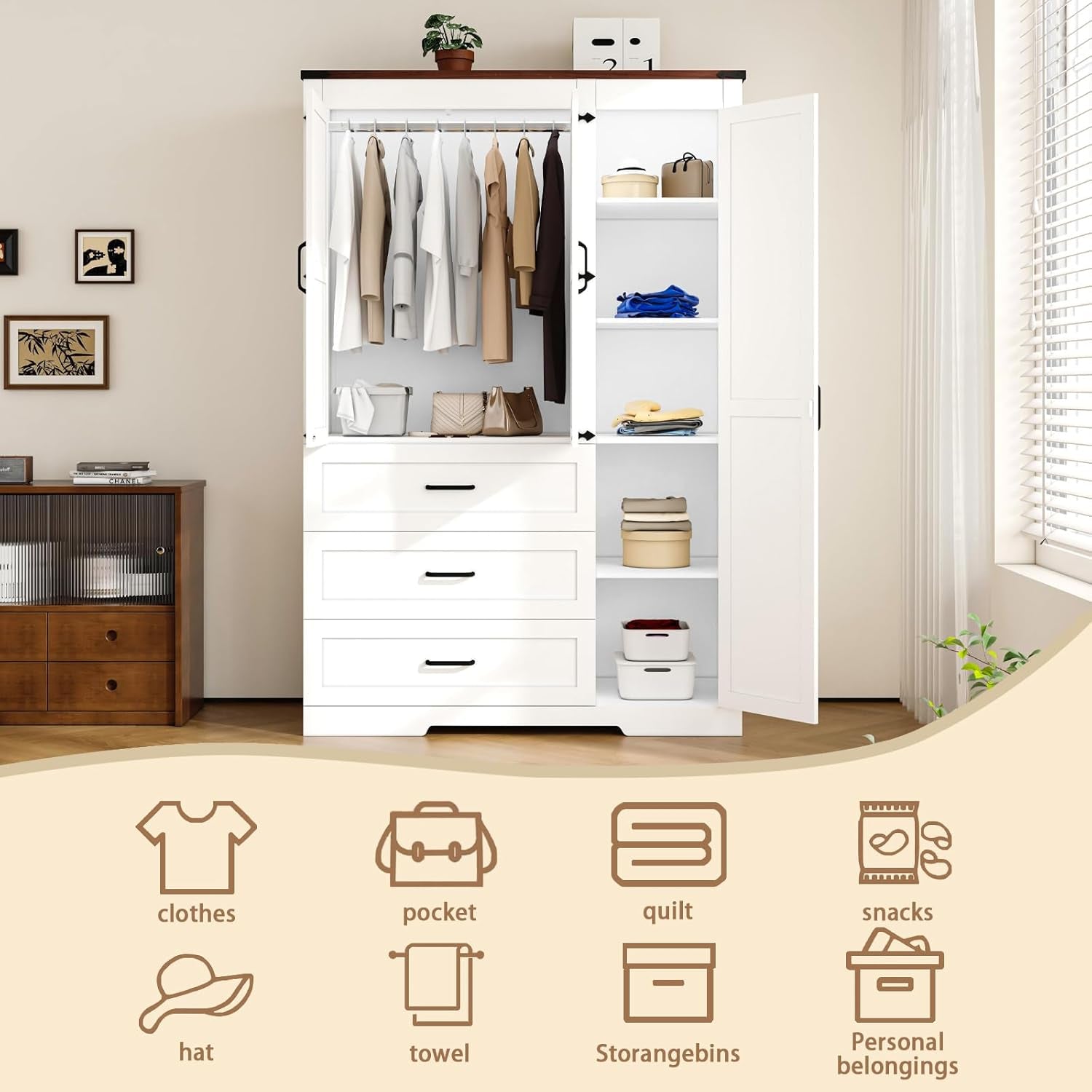 3 Door Armoire Wardrobe Closet Cabinet with 3 Drawers and Drawers, Farmhouse Bedroom Armoire with Hanging Rod and Adjustable Shelves, Large Capacity Storage Wardrobe Armoire for Bedroom, White