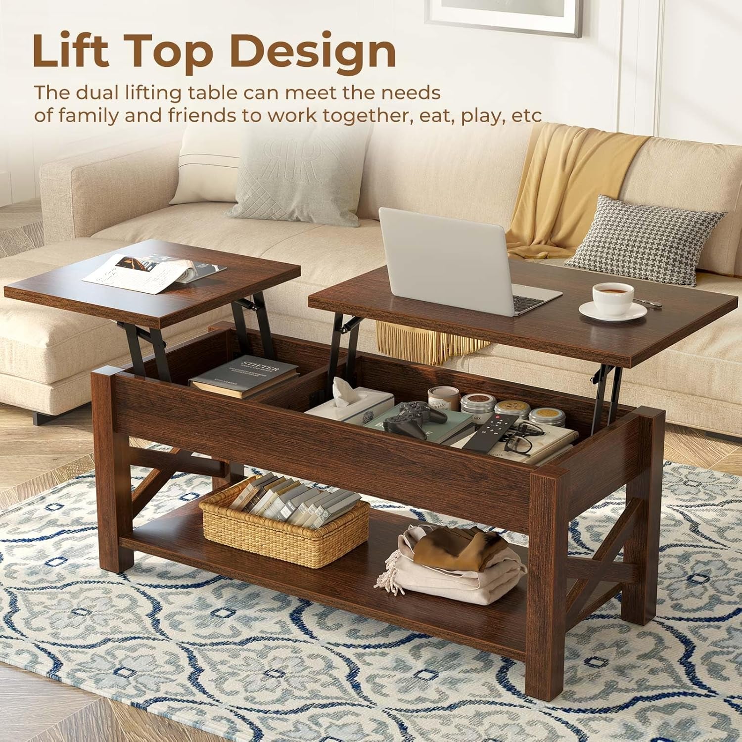 Coffee Table, 47.2" Lift Top with Hidden Compartment, 2 Way Lift Top Coffee Table with Open Shelf & X Wooded Support, Farmhouse Center Table for Living Room, Espresso