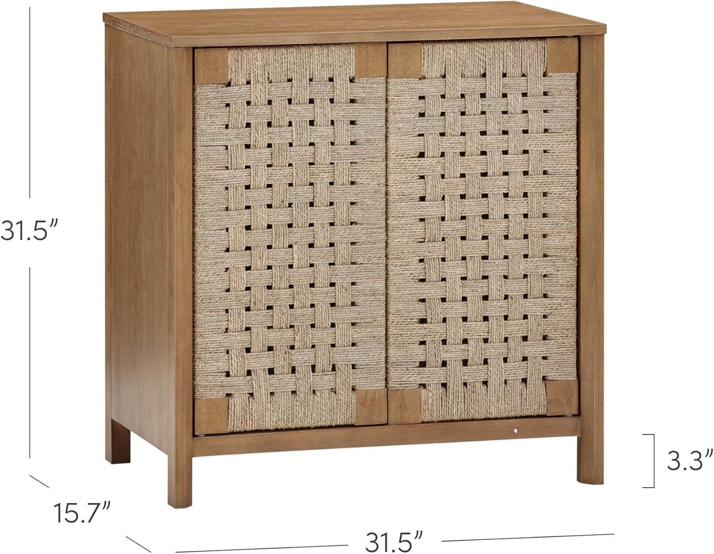 Aerie Rustic Wood Cabinet, Boho Living Room Storage Cabinet with Seagrass Door Panels and Solid Wood Legs, Light Brown