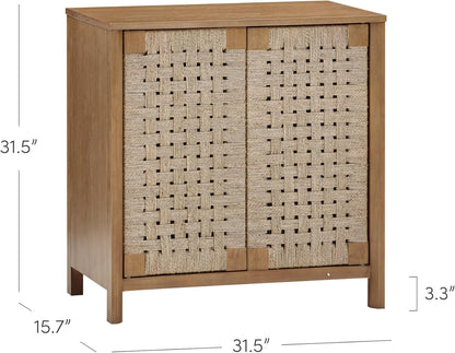 Aerie Rustic Wood Cabinet, Boho Living Room Storage Cabinet with Seagrass Door Panels and Solid Wood Legs, Light Brown