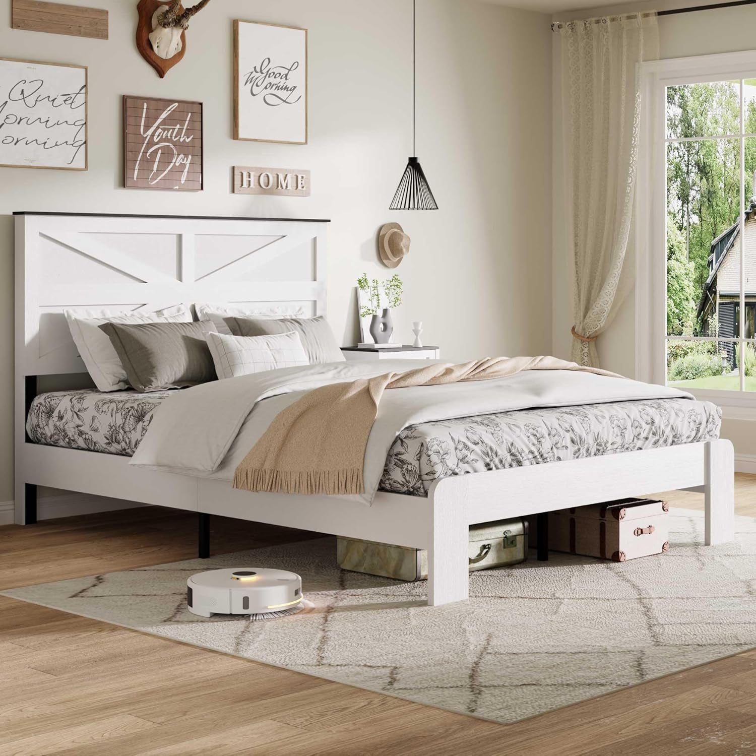 Queen Size Farmhouse Wooden Bed Frame with Headboard, Boho Platform Bedframe Sturdy Metal Slats Support, Spring Needed, Noisy Free, Easy Assembly (Queen, White)