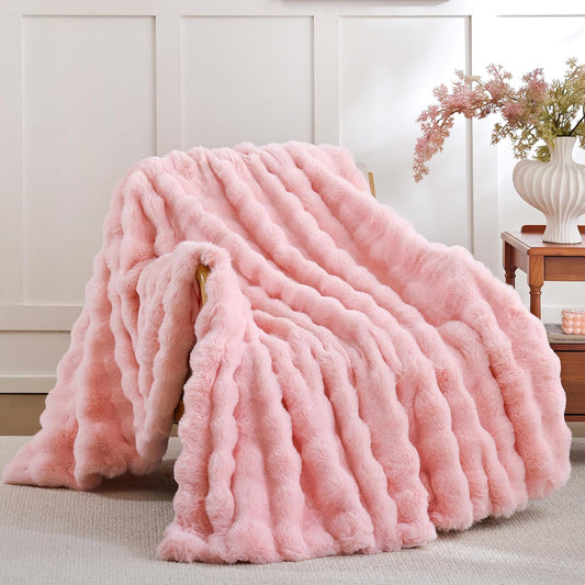 Faux Fur Throw Blanket for Couch – Blush Pink Fluffy Cozy Rabbit Fleece, Plush Soft Bubble Blanket for Sofa & Bed, for Mom, Warm Fuzzy Home Room Decor Throw 50" X 60"