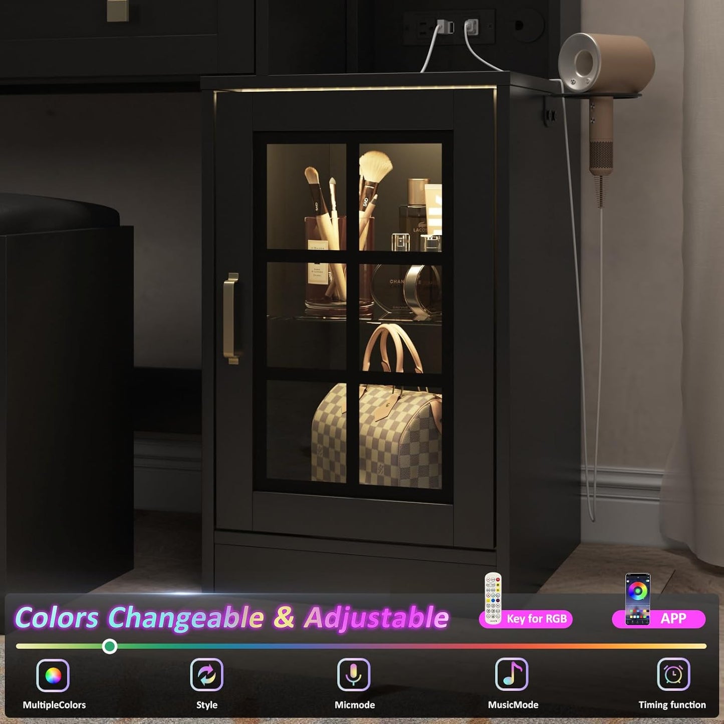 Vanity Desk with Sliding Mirror and Lights, 41.8'' Black Makeup Vanity Table with Jewelry Storage & Charging Station, Stool, Large Drawer, Visual Cabinet, 3 Lighting Modes, Adjustable Shelves