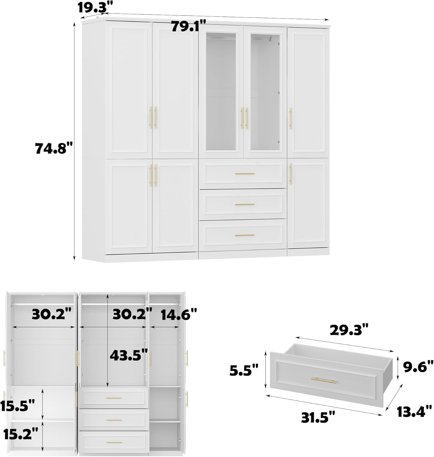 Wardrobe Closet Collection with Doors, Modern White Bedroom Armoire System with Gold Handles, Modern Clothes Storage Cabinet with Drawers, Shelves, Hanging Rods, 79.1”W X 19.3”D X 74.8”H