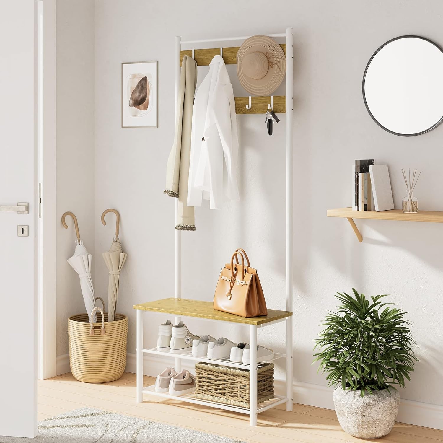 Hall Tree with Bench and Shoe Storage, 3-In-1 Coat Rack Shoe Bench, Freestanding Wooden Coat Rack with Metal Frame, 3-Tier Storage Shelf and 9 Removable Hooks, White/Walnut