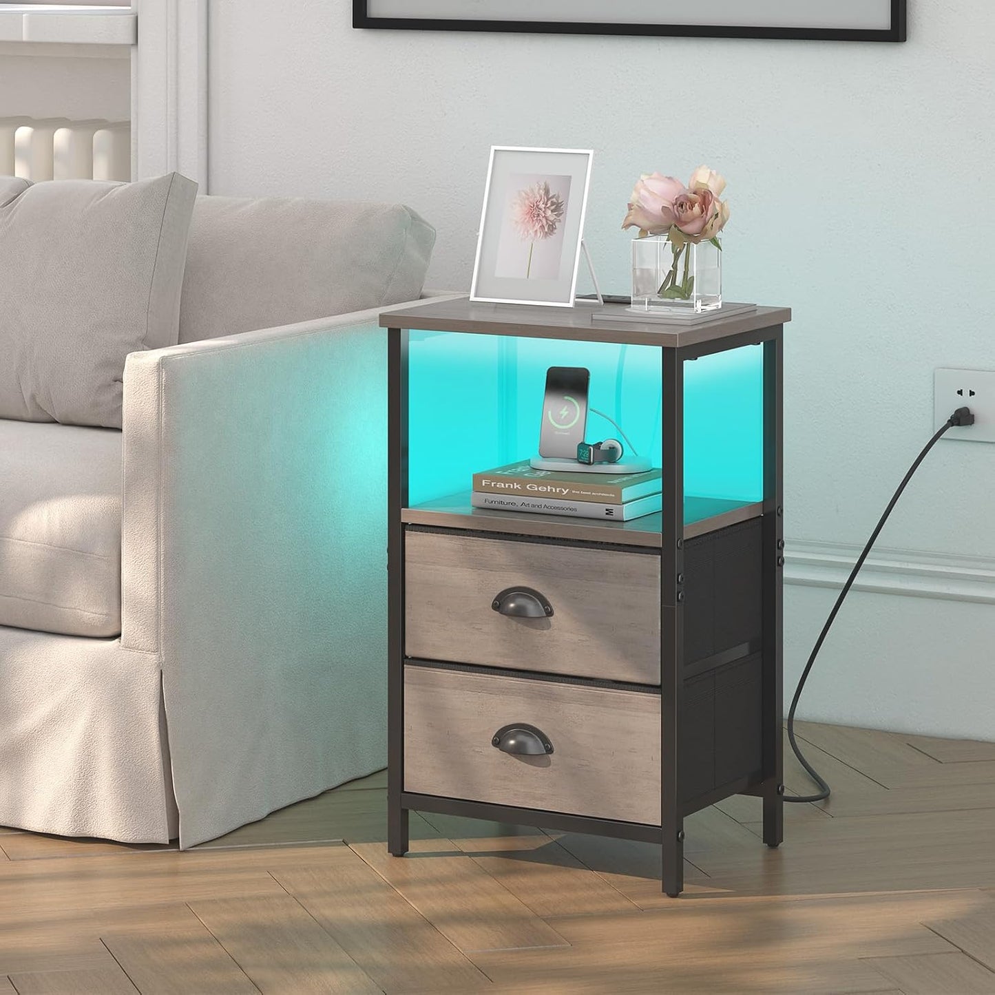 Nightstand with Charging Station, LED Night Stand Set of 2, Bedside Table End Table with Drawer, Bedroom Tables with 2 Fabric Drawers, 3-Tier Storage Side Table for Bedroom,Grey