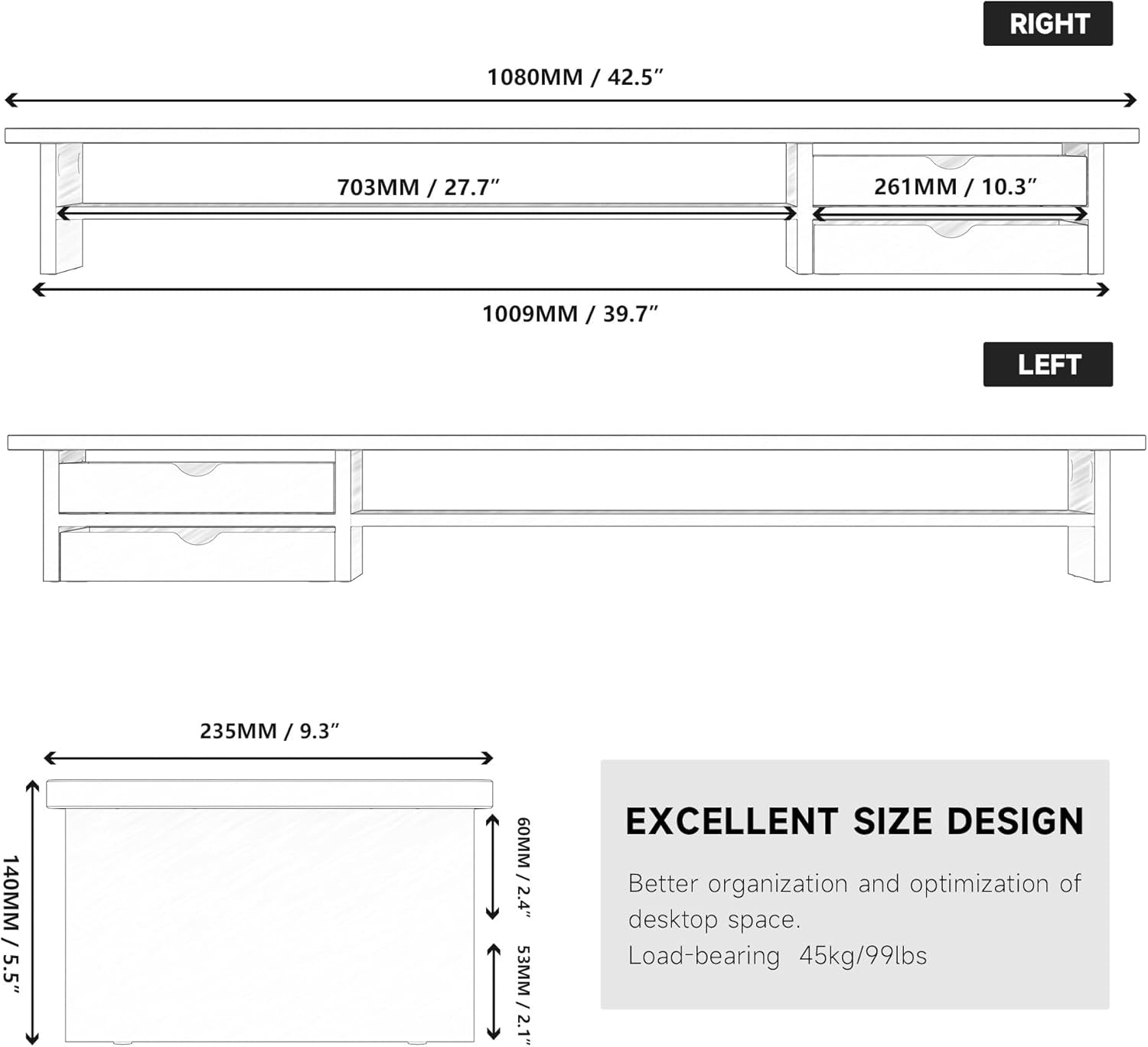 Monitor Stand, Dual Monitor Riser, 42.5Inch Large Desk Computer Monitor Stand Riser with Drawer, 2 Tier Wood & Acrylic Desktop Organizer for Computer, Laptop, Printer, TV Screen Riser