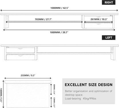 Monitor Stand, Dual Monitor Riser, 42.5Inch Large Desk Computer Monitor Stand Riser with Drawer, 2 Tier Wood & Acrylic Desktop Organizer for Computer, Laptop, Printer, TV Screen Riser