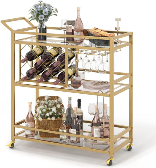 Bar Cart Gold, Home Bar Serving Cart with Wine Rack and Glasses Holder, Wine Carts on Wheels with 3 Tier Mirrored Shelves for Liquor and Beverage (Gold)