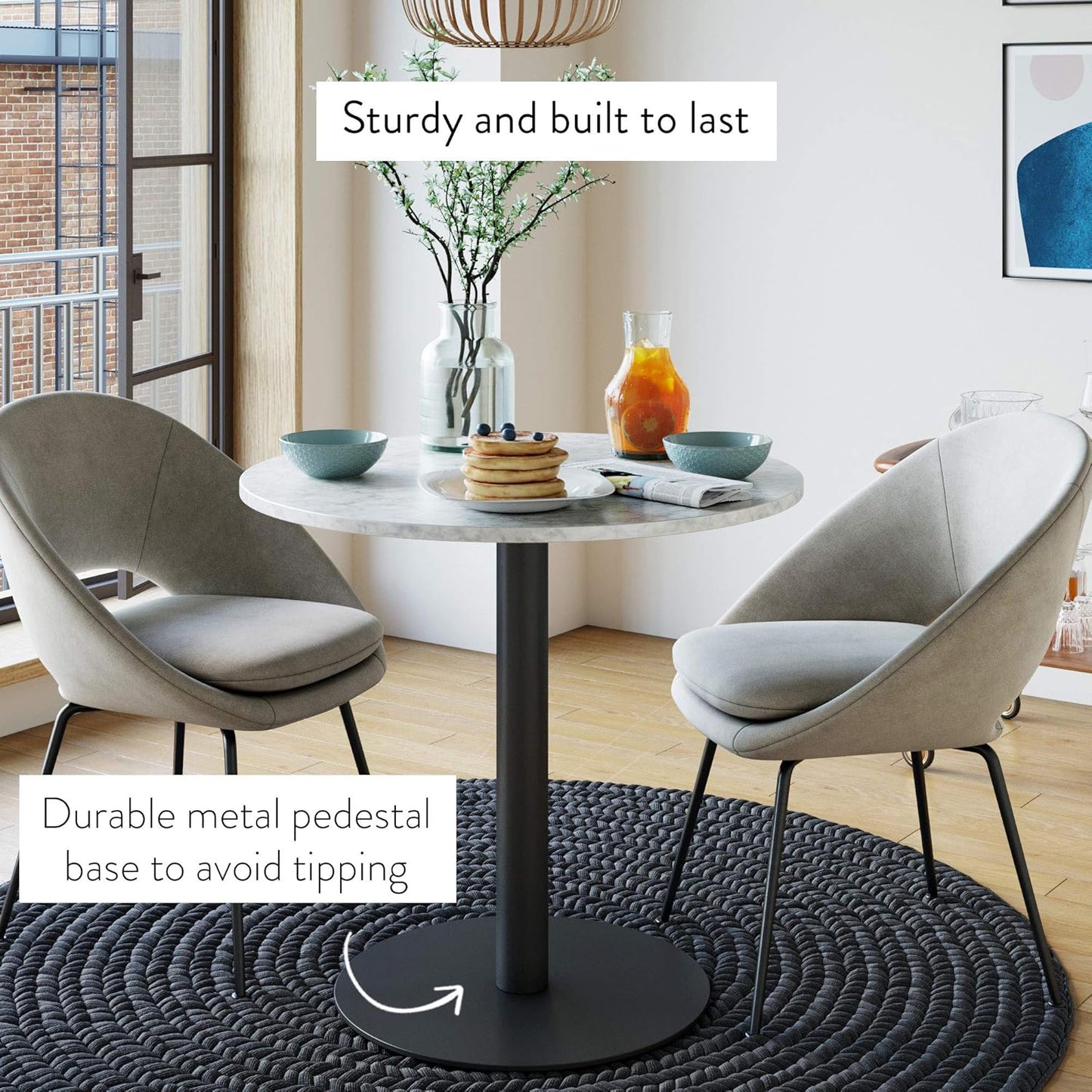 Bistro Lucy Small Mid-Century Modern Kitchen or Dining Table with Faux Carrara Marble Top and Brushed Metal Pedestal Base, Black, 31.5D X 31.5W X 29H In