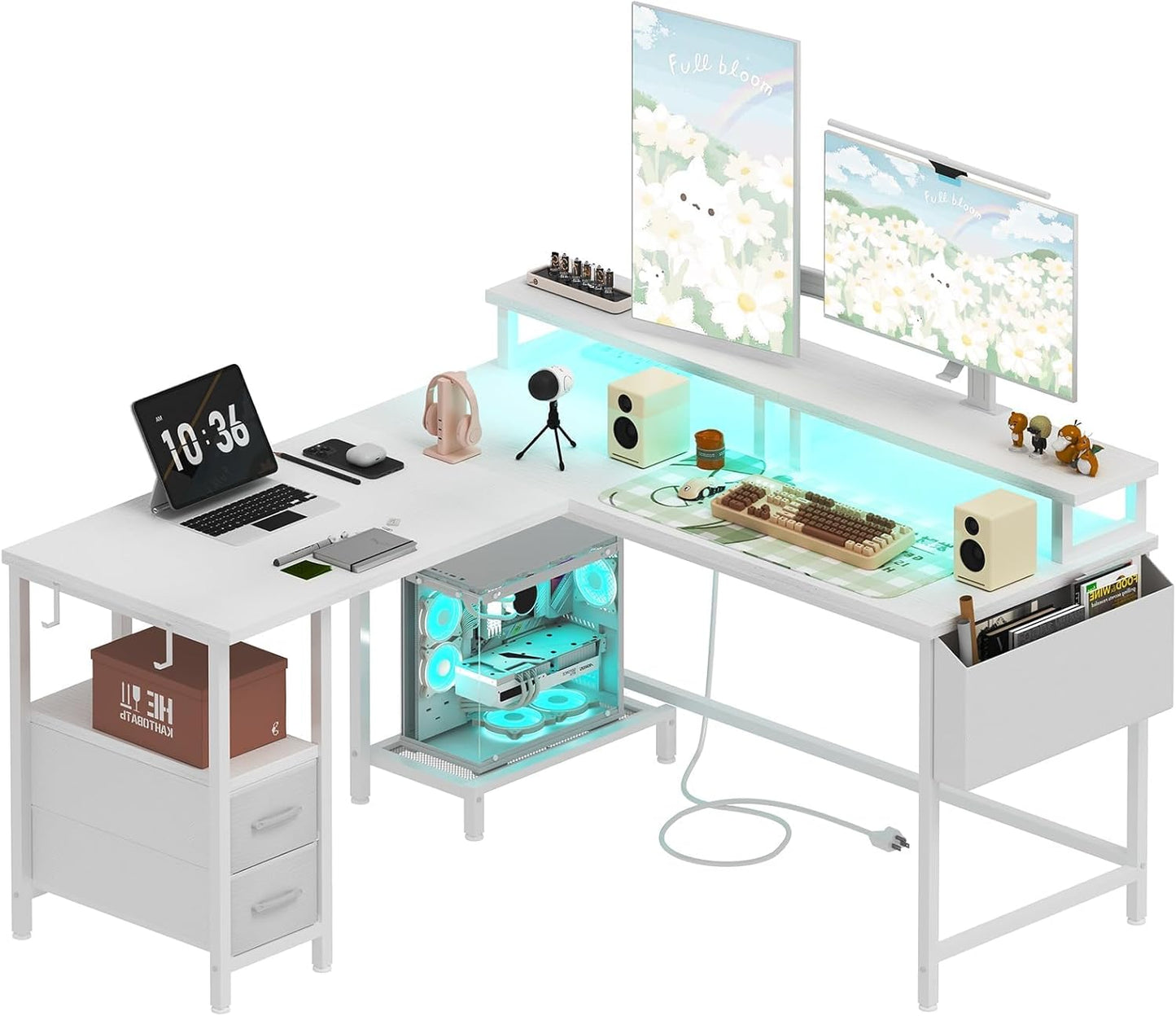 White L Shaped Computer Desk with Fabric Drawers, 47 Inch Corner Home Office Desk with Monitor Stand Shelves, Writing Study Gaming Desks with Led Lights and Power Outlets for Bedroom, White