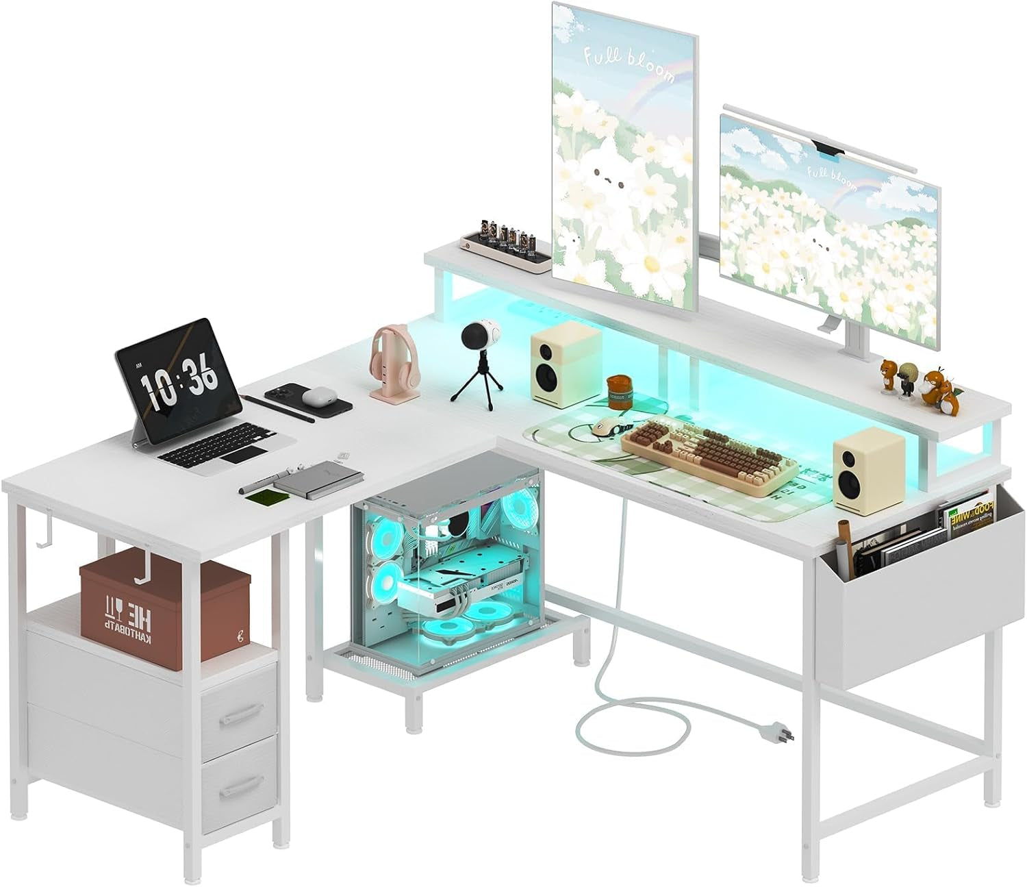 White L Shaped Computer Desk with Fabric Drawers, 47 Inch Corner Home Office Desk with Monitor Stand Shelves, Writing Study Gaming Desks with Led Lights and Power Outlets for Bedroom, White