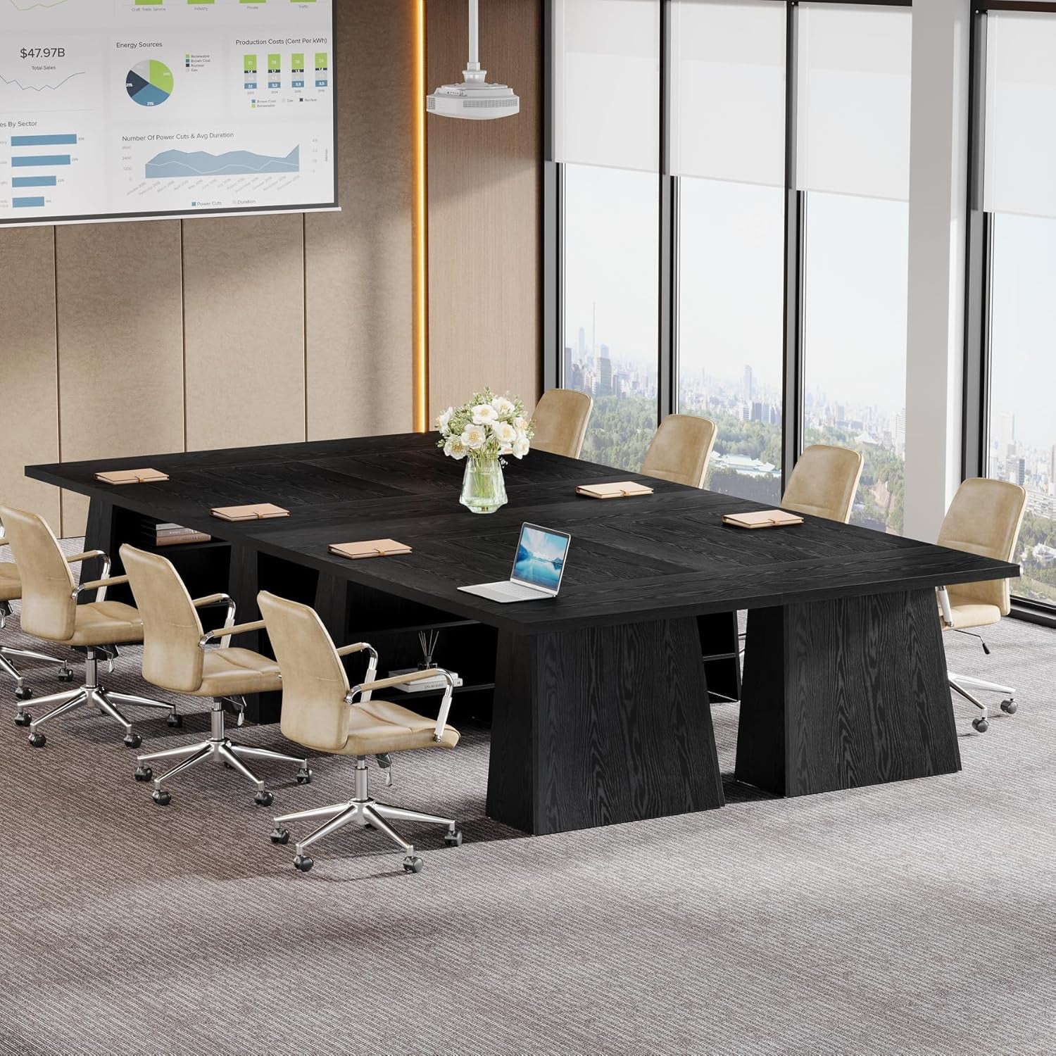 63-Inch Executive Desk, Modern Black Office Desk with Double Pedestal and Storage Shelves, Simple Large Computer Writing Conference Table Workstations Business Furniture for Home Office