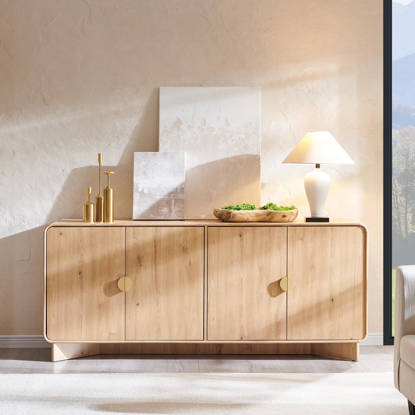 70" Modern TV Stand for Tvs up to 80 Inches, 30" Tall Entertainment Center with Storage and Adjustable Shelves, TV Console with Curved Profile Design, Media Console for Living Room, Natural Oak