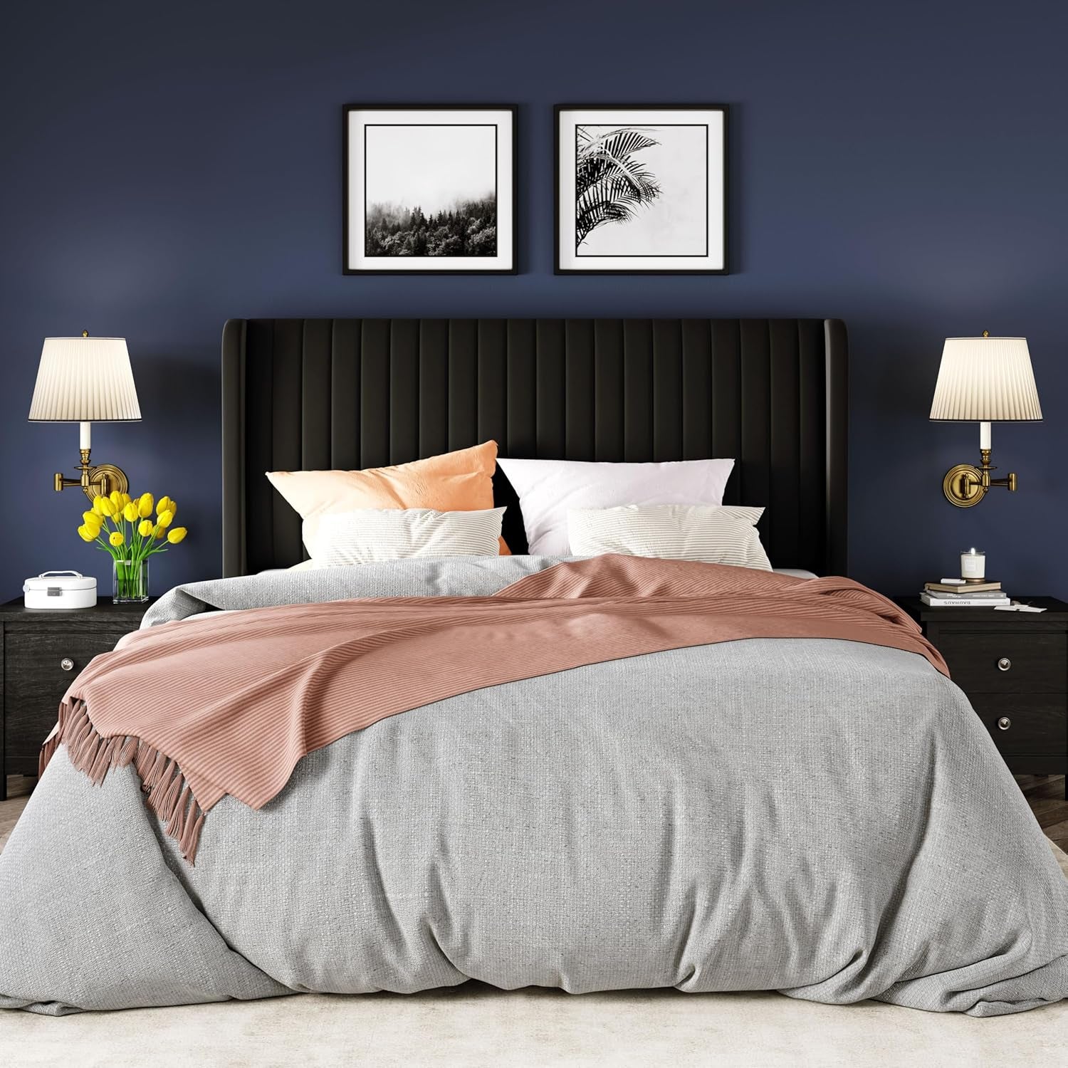 Queen Size Velvet Bed Frame/Vertical Channel Tufted Wingback Headboard/Upholstered Platform Bed/Strong Wooden Slats/No Box Spring Needed/Easy Assembly/Black