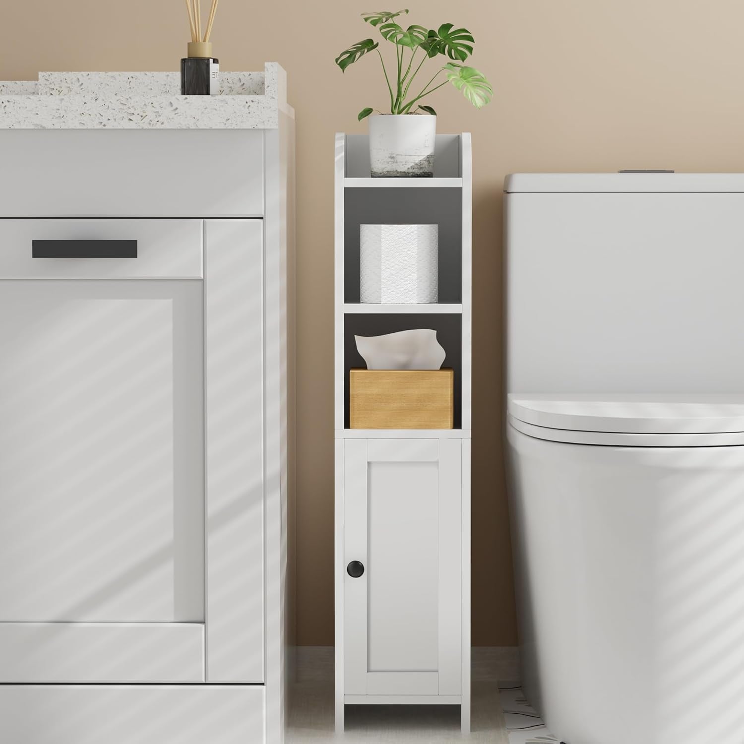 Small Bathroom Storage Corner Floor Cabinet with Door and Shelves, beside the Toilet Paper Stand for Skinny, Narrow Toilet Paper Cabinet, 7.9" D X 7.1" W X 31" H, White