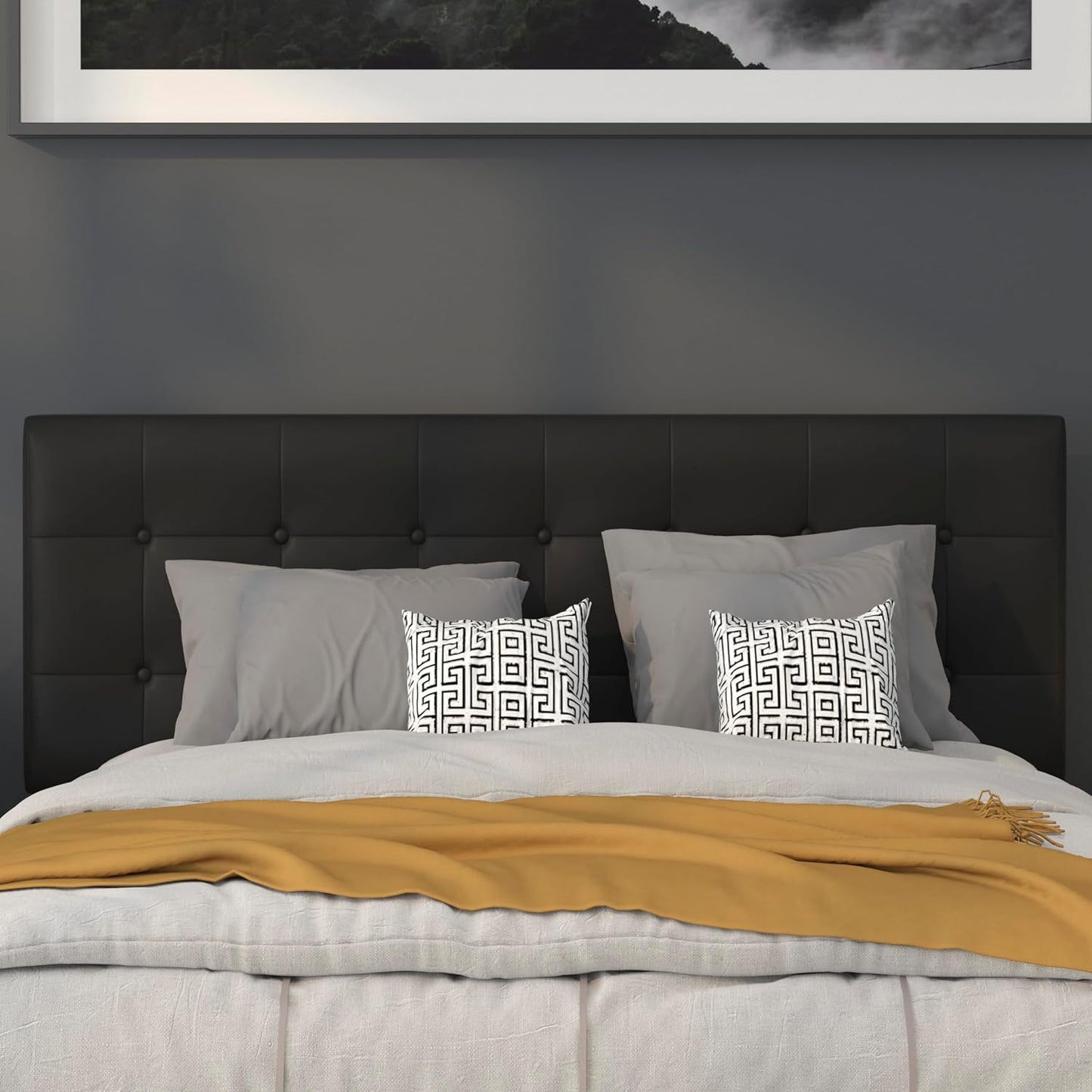 Lennox Adjustable Height Button Tufted and Box Stitch Upholstered Queen Size Headboard in Black Vinyl