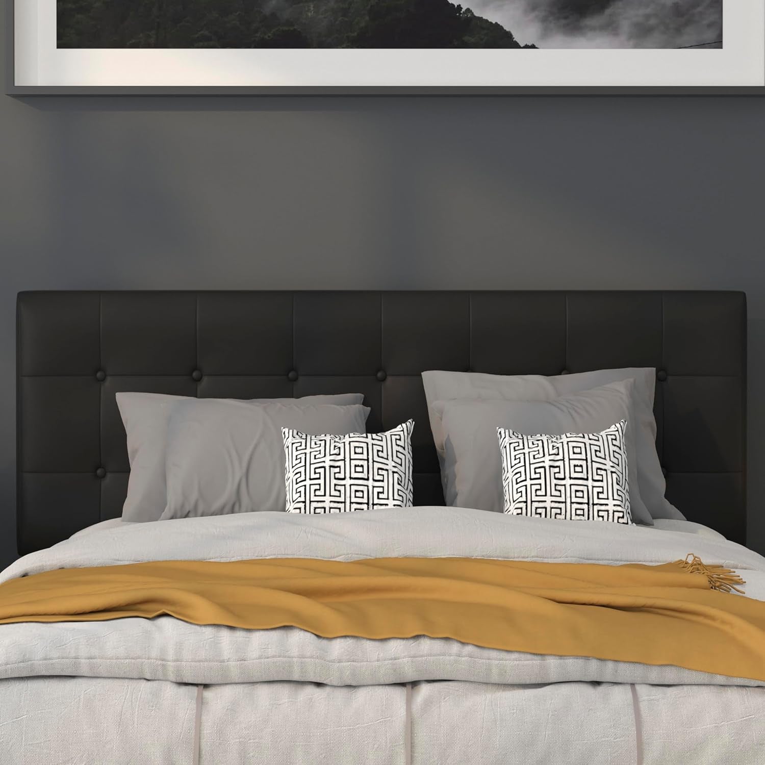 Lennox Adjustable Height Button Tufted and Box Stitch Upholstered Queen Size Headboard in Black Vinyl
