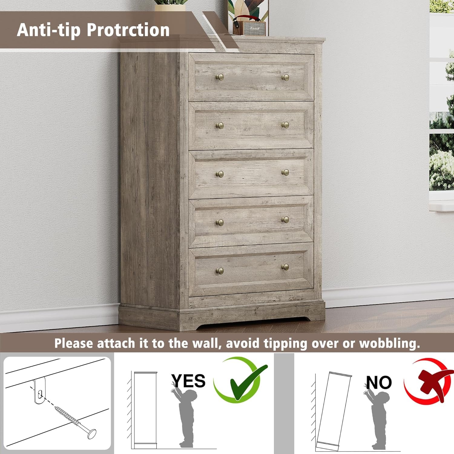 Dresser Bedroom Set of 4, 4 PCS Farmhouse Dressers Set, Included 53 Inch 9 Drawer Dresser, 5 Drawer Dresser and Nightstand Set of 2 with Charging Station,Bedroom Furniture Set (Gray)