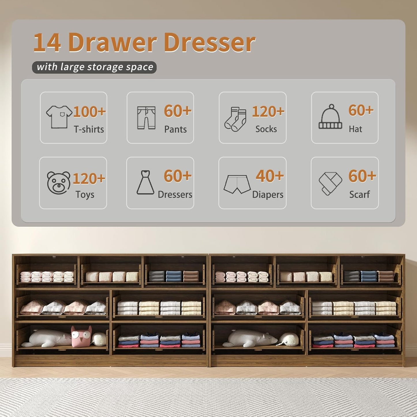 Walnut Dresser Set of 2, Long Dresser for Bedroom Wooden with 14 Drawers, Fluted Modern Bedroom Furniture Set, TV Stand Dressers & Chests of Drawers for Closet (15.7"D X 110.2"W X 31.8"H)